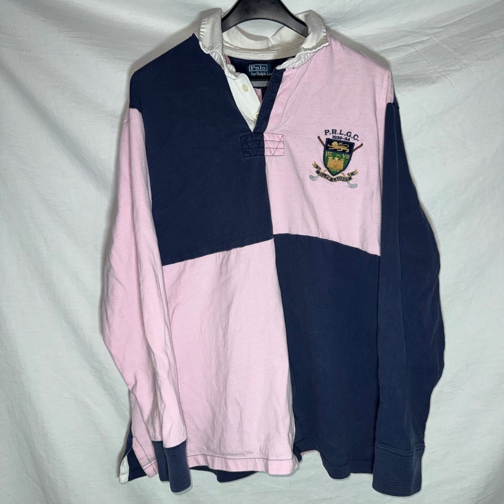 Y2K Polo Ralph Lauren Rugby Shirt Pink Navy Blue Colorblock Crest XL Custom Fit